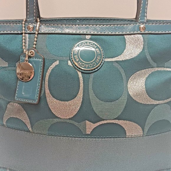 COACH F20429 Signature Stripe Metallic Turquoise Tote Shoulder Bag Purse EUC - Picture 3 of 14